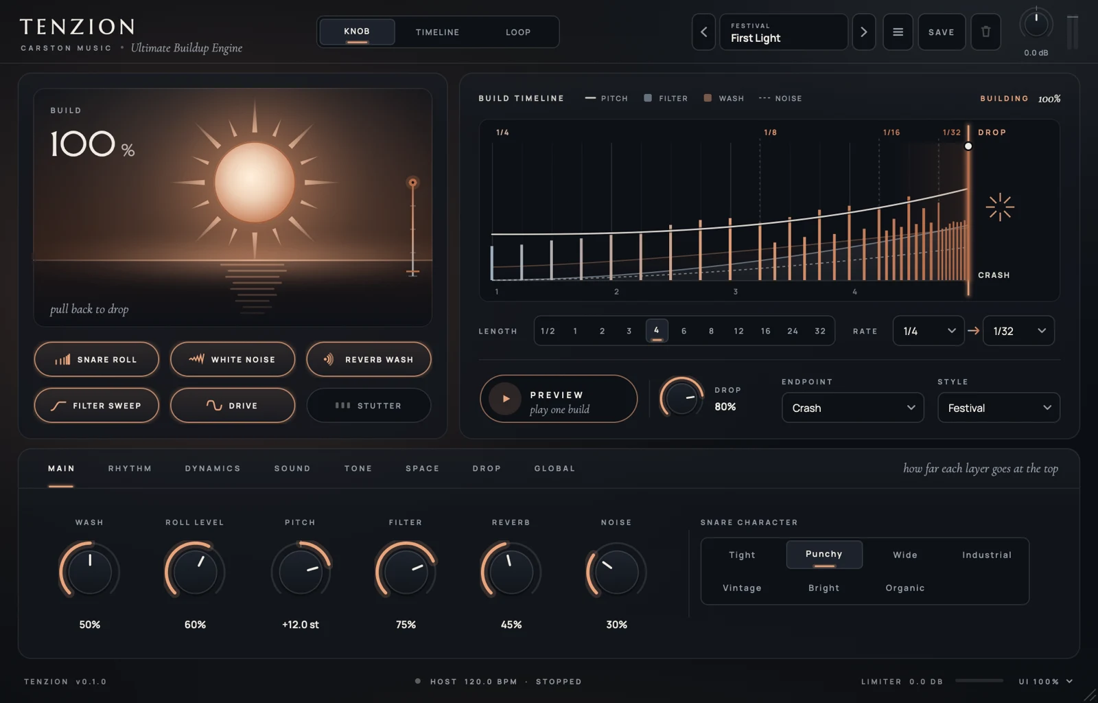 The TENZION plugin window: the BUILD sun in the centre with the effect buttons around it
